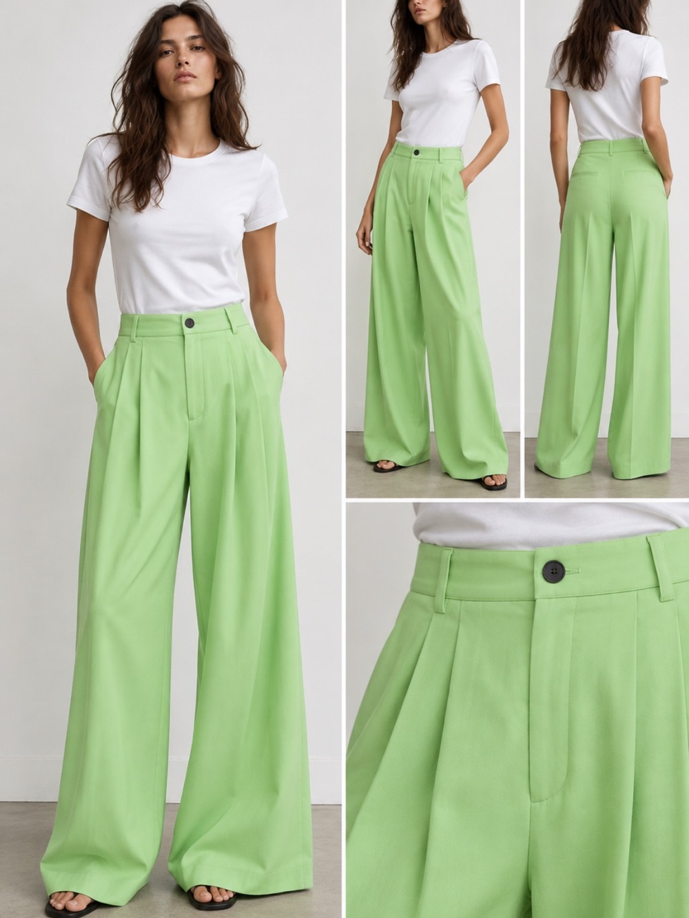 Zara Green High Waist Pleated Wide Leg Trousers XS 3067/516/513